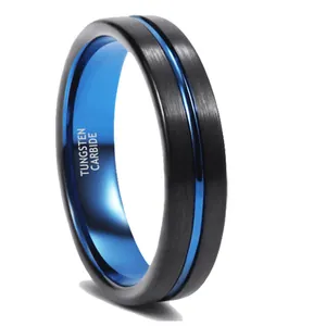 Detailed view of black brushed ring with blue polished interior and center groove
