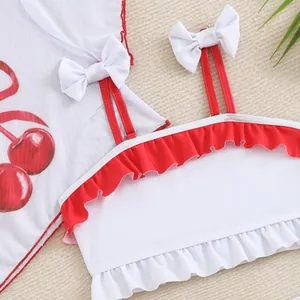 Cute kids cherry print 3-piece swimsuit with red ruffles and white bows