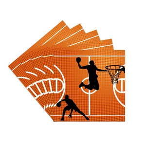 Basketball-Party-Servietten mit orangefarbenem Spielfelddesign und Spieler-Silhouetten.