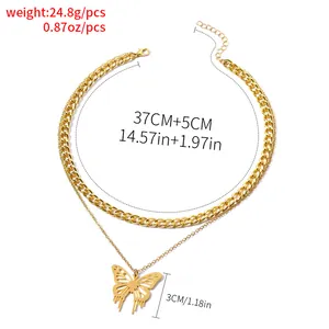 Detailed view of layered gold butterfly pendant necklace with size annotations
