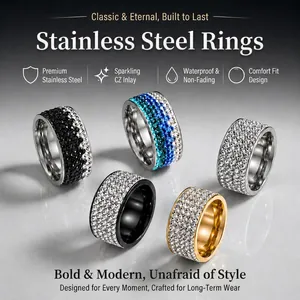 Fashion Stainless Steel Ring For Women Luxury Five Row Rhinestone Inlaid Band Ring Shiny Geometry Jewelry Accessory For Party Banquet Gift
