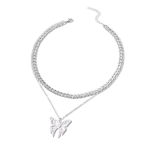 Elegant silver layered necklace featuring a hollow butterfly pendant and chunky chain.