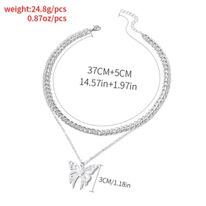 Detailed size specifications for the silver butterfly double-layer chunky chain necklace