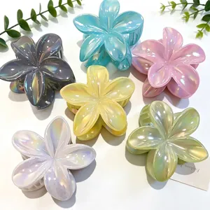 Set of 6 pearlescent plumeria flower hair claws in assorted vibrant candy colors