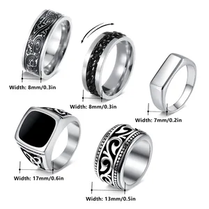 Vintage stainless steel ring set for men featuring diverse widths and engraved patterns