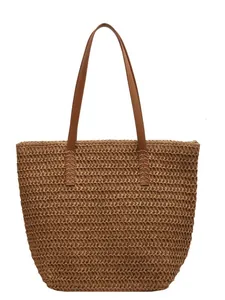 Large capacity hand-woven straw beach tote bag with durable brown leather straps