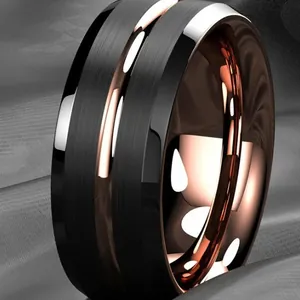 Premium brushed black stainless steel ring featuring elegant rose gold groove inlay