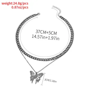 Detailed view of silver double-layer necklace with butterfly pendant and dimensions
