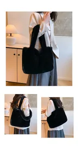 Detail view of a black plush tote bag shown on a model in a stylish indoor setting.