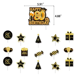 80th birthday cake topper set in black and gold theme with dimensions 5.91x4.88 inches