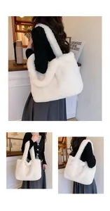 Multi-view detail of a large white faux fur tote bag styled with a casual autumn outfit
