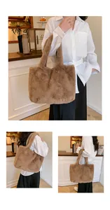 Detailed view of a brown faux fur tote bag shown from multiple angles in a cafe