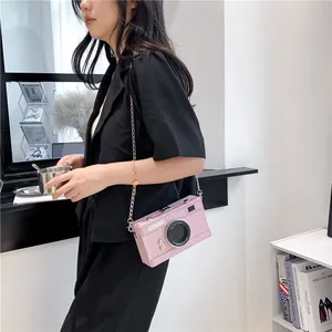 Stylish pink camera shaped crossbody box bag for women with chain strap