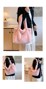Detailed views of a pink faux fur tote bag shown from multiple angles on a model