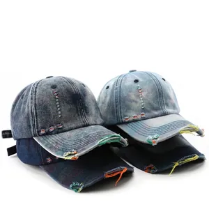 Washed Distressed Denim Baseball Cap Fashion Broken Hole Adjustable Outdoor Sun Protection Shading Hat For Men Women Cotton