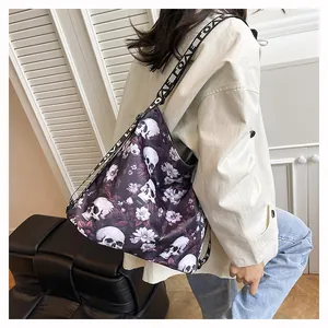 Stylish women's large capacity tote bag with skull and floral print and LOVE straps