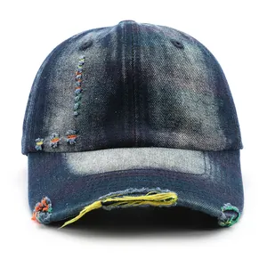 Vintage distressed washed denim baseball cap with colorful embroidery details for men and women