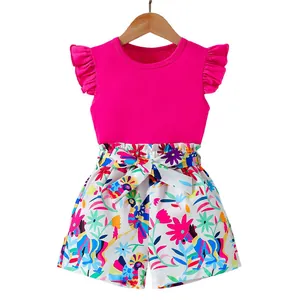 Girls summer 2-piece outfit with pink flutter sleeve top and floral animal print shorts