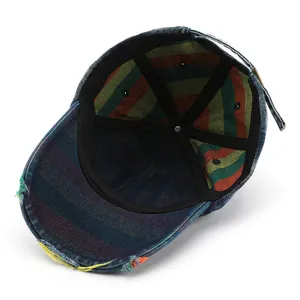 Vintage distressed washed denim baseball cap featuring unique colorful striped lining