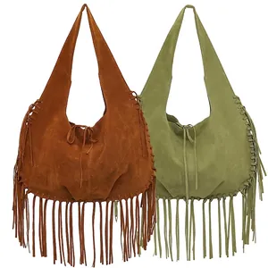 Large Capacity Fringe Hobo Bag For Women Vintage Double Sided Velvet Shoulder Bag With Long Tassels Bohemian Handbag