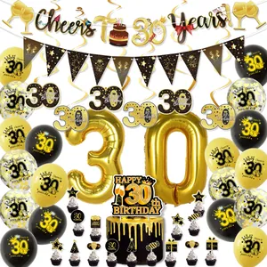 Black Gold Milestone Birthday Decoration Balloons Banner Cake Toppers Swirls Anniversary Cheers To 16 18 21 30 40 50 60 70 80 90 Years