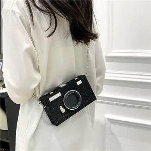 Fashionable creative black glitter camera shaped crossbody box bag with silver chain