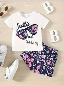 Toddler girls' summer outfit set with floral sunglasses t-shirt and matching shorts