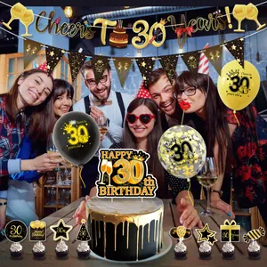 Premium black and gold 30th birthday party decoration set with banner and balloons