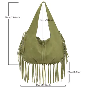 Large green fringe suede shoulder bag for women with dimensions in cm and inches