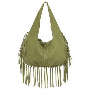 Large olive green suede hobo bag with long tassels and comfortable shoulder strap