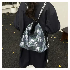 Detailed back view of a stylish large capacity backpack with skull and flower prints