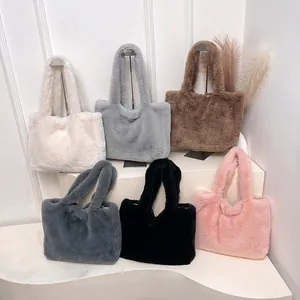 Autumn Winter Plush Faux Fur Large Capacity Tote Bag For Women Soft Minimalist Handbag Solid Color Shoulder Bag Daily Top Handle Bag