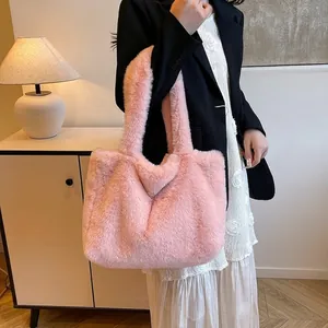 Soft pink faux fur tote bag for women, stylish winter plush shoulder bag