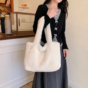 Cozy white faux fur tote bag for women, stylish winter plush shoulder handbag
