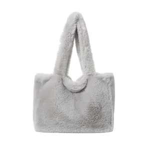 Stylish grey faux fur tote bag for women, soft plush shoulder handbag for autumn winter.