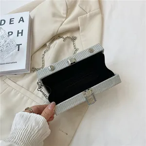 Detail view of the black interior and card slots of a silver glittery camera box bag