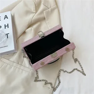 Elegant pink camera-shaped box clutch with silver chain strap and glitter texture.
