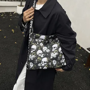Gothic skull and floral print large capacity tote bag with LOVE strap street style