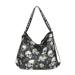Women's gothic skull and flower print large capacity tote backpack with LOVE straps