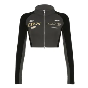 Street style motorcycle cropped zip-up top with letter prints and contrast colors for women