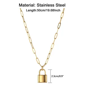 Gold stainless steel paperclip chain necklace with minimalist padlock pendant charm