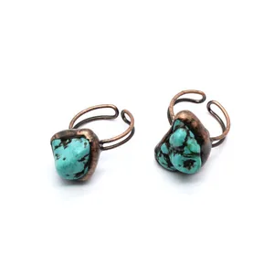 Vintage Antique Bronze Adjustable Open Ring For Men Women Boho Turquoise Obsidian Amethyst Gemstone Geometric Finger Ring Jewelry