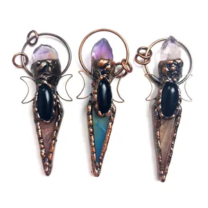 Retro amethyst crystal scepter pendant necklace with vintage copper wrap detailing