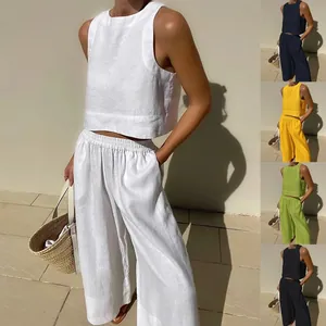 Women's sleeveless crop top and wide-leg pants two-piece casual set in multiple colors