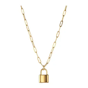 Gold stainless steel paperclip link chain necklace with a minimalist padlock pendant