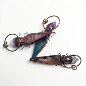 Vintage handmade amethyst crystal scepter pendants with intricate copper wire wrapping