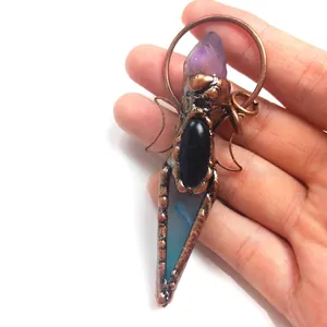 Vintage Amethyst Scepter Pendant Necklace Semi-Precious Stone Alloy Retro Bohemian Long Sweater Chain Jewelry For Women