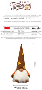 Gedetailleerde maatspecificaties voor verlichte Thanksgiving kabouter pluche decoratie
