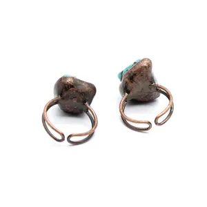 Detailed back view of two vintage copper adjustable open rings with turquoise stones