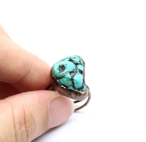 Handcrafted vintage style turquoise raw stone adjustable open ring with antique copper finish